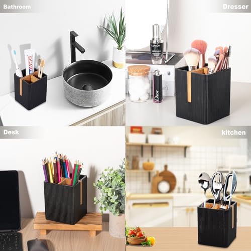 Rejomiik Toothbrush Holder with 3 Slots and Storage Black