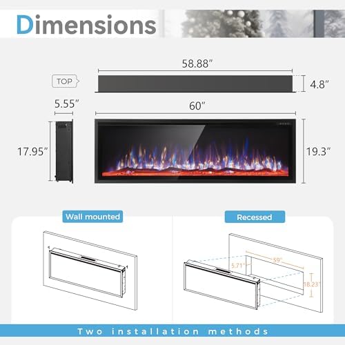 GREEN PARTY 60 Ultra Slim Electric Fireplace with Log Crystal Options