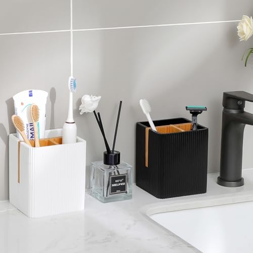 Rejomiik Toothbrush Holder with 3 Slots and Storage Black
