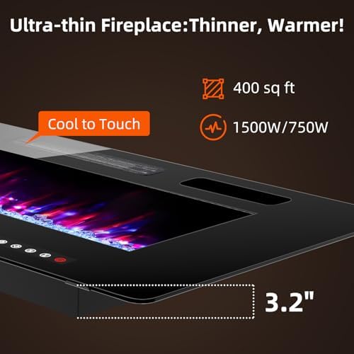 BREEZEHEAT 50 Inch Ultra Thin Electric Fireplace with Remote Control and Touch Screen