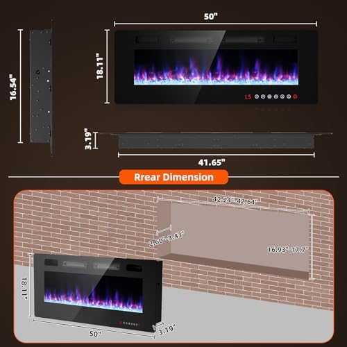 BREEZEHEAT 50 Inch Ultra Thin Electric Fireplace with Remote Control and Touch Screen