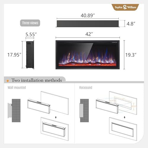Sophia William 42 Inch Electric Fireplace with Remote Control