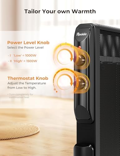 REEKIE 1500W Electric Space Heater with Thermostat and 2 Heat Settings