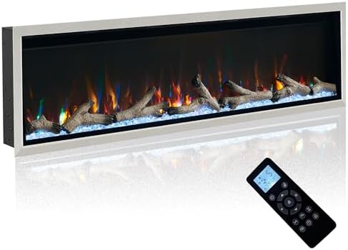 60 Inch Electric Fireplace with Silver Aluminum Frame