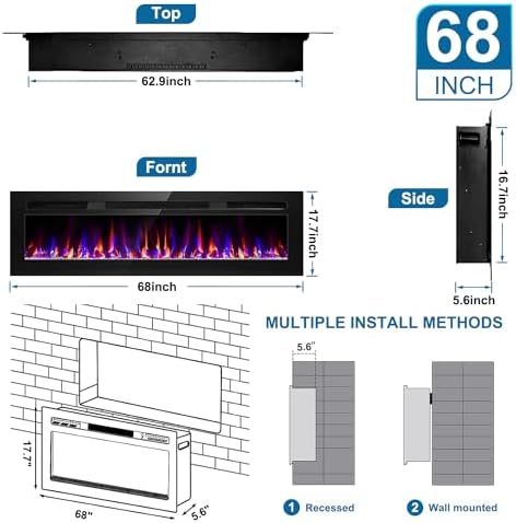 68 Inch Electric Fireplace with Timer and Remote Control