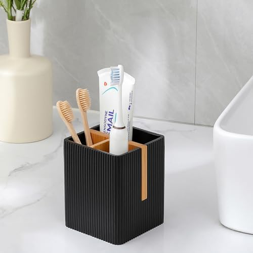 Rejomiik Toothbrush Holder with 3 Slots and Storage Black