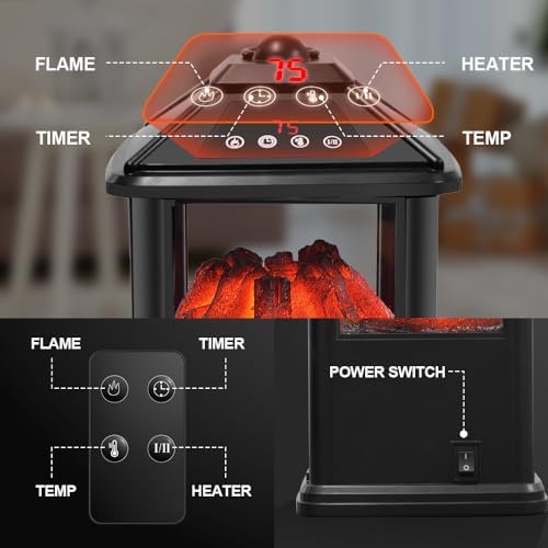 Portable 3-Sided Electric Fireplace Heater with Remote Control and Flame Effects