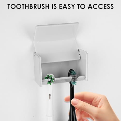 LUEXBOX Wall Mounted Toothbrush Holder with Cover 2 Slots Silver