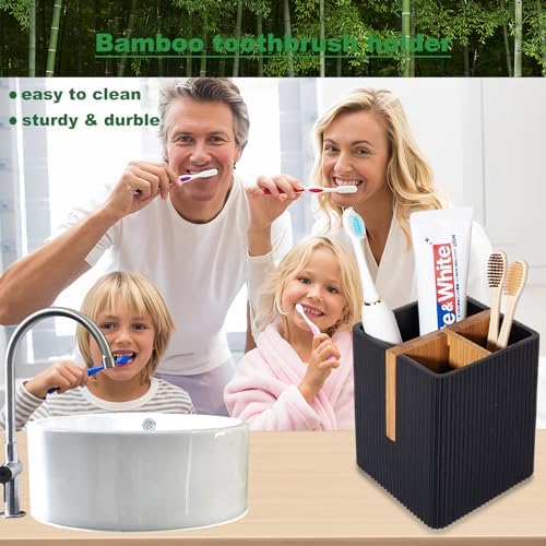 Rejomiik Toothbrush Holder with 3 Slots and Storage Black