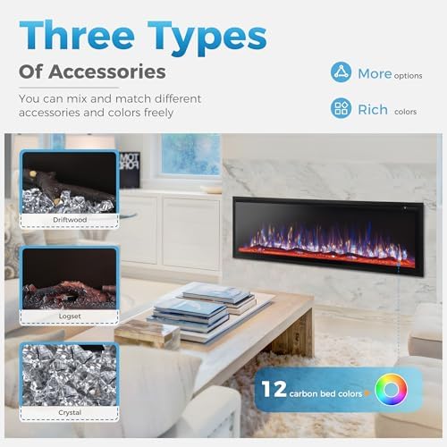 GREEN PARTY 60 Ultra Slim Electric Fireplace with Log Crystal Options