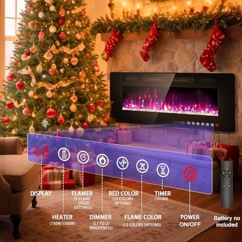 BREEZEHEAT 50 Inch Ultra Thin Electric Fireplace with Remote Control and Touch Screen
