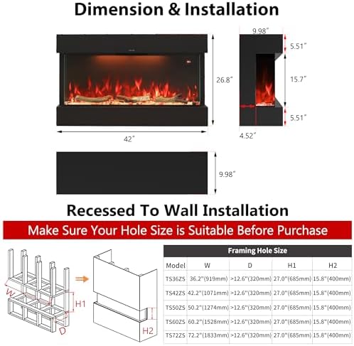 Masarflame 42 Electric Fireplace with WiFi Alexa Timer Thermostat