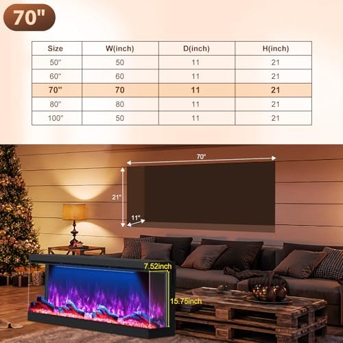 HIRESC 3-Sided Electric Fireplace with 251 RGB LED Flame