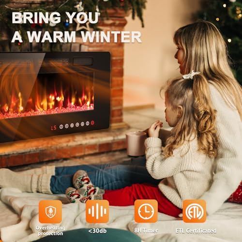 BREEZEHEAT 50 Inch Ultra Thin Electric Fireplace with Remote Control and Touch Screen