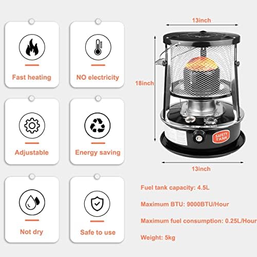 TESZON Kerosene Heater for Indoor Outdoor Adjustable Height 45L Black