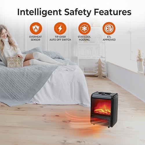 Comfort Zone Electric Mini Fireplace Heater with 3D Flame and Safety Features