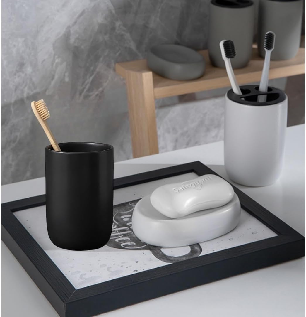 Ceramic Toothbrush Holder Set - 2pcs Black Bathroom Organizer