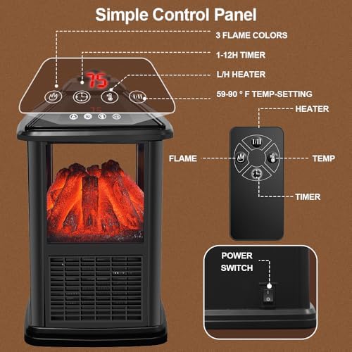 Portable 3-Sided Electric Fireplace Heater with Remote Control and Flame Effects