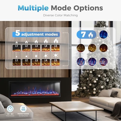GREEN PARTY 60 Ultra Slim Electric Fireplace with Log Crystal Options