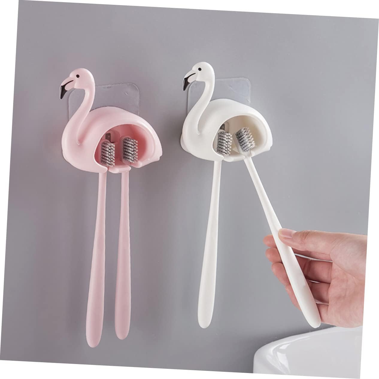Chic Flamingo Toothbrush Holder 2pcs Wall Mount Adhesive Storage Rack 1