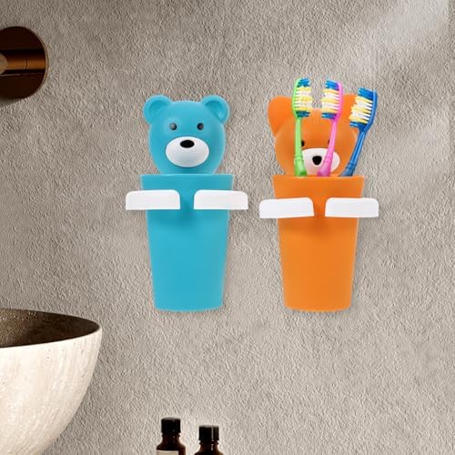 WOONEKY 2sets Cartoon Toothbrush Cup Holder Wall-Mounted Organizer 1