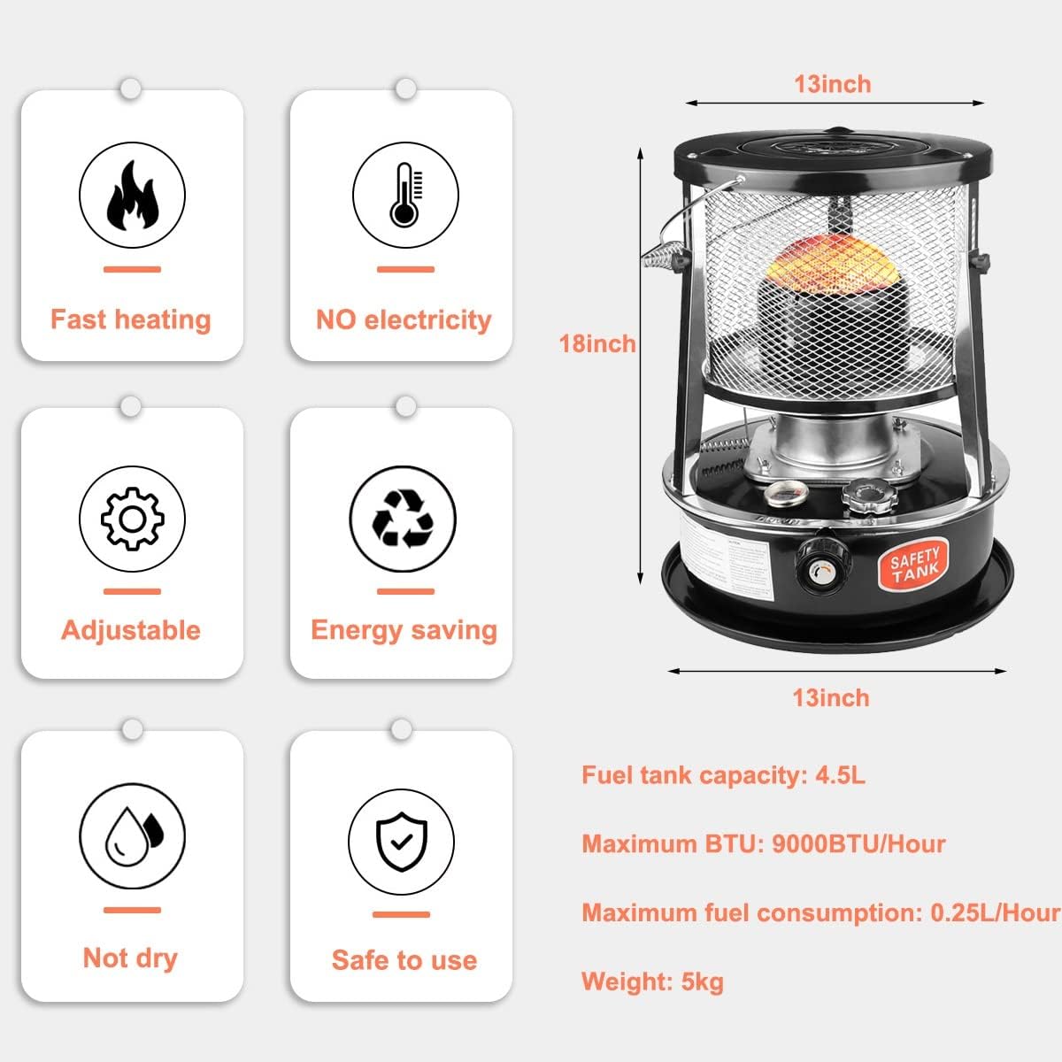 TESZON Kerosene Heater for Indoor Outdoor Adjustable Height 45L Black