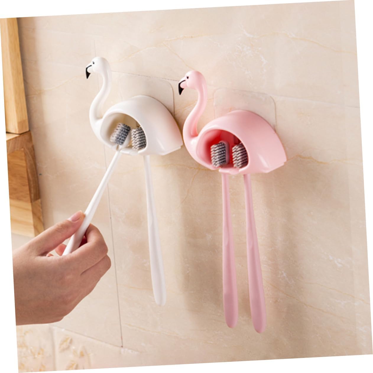 Chic Flamingo Toothbrush Holder 2pcs Wall Mount Adhesive Storage Rack 1
