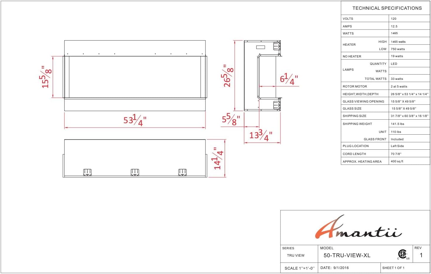 Amantii 50 3-Sided Electric Fireplace with Remote and 8H Timer