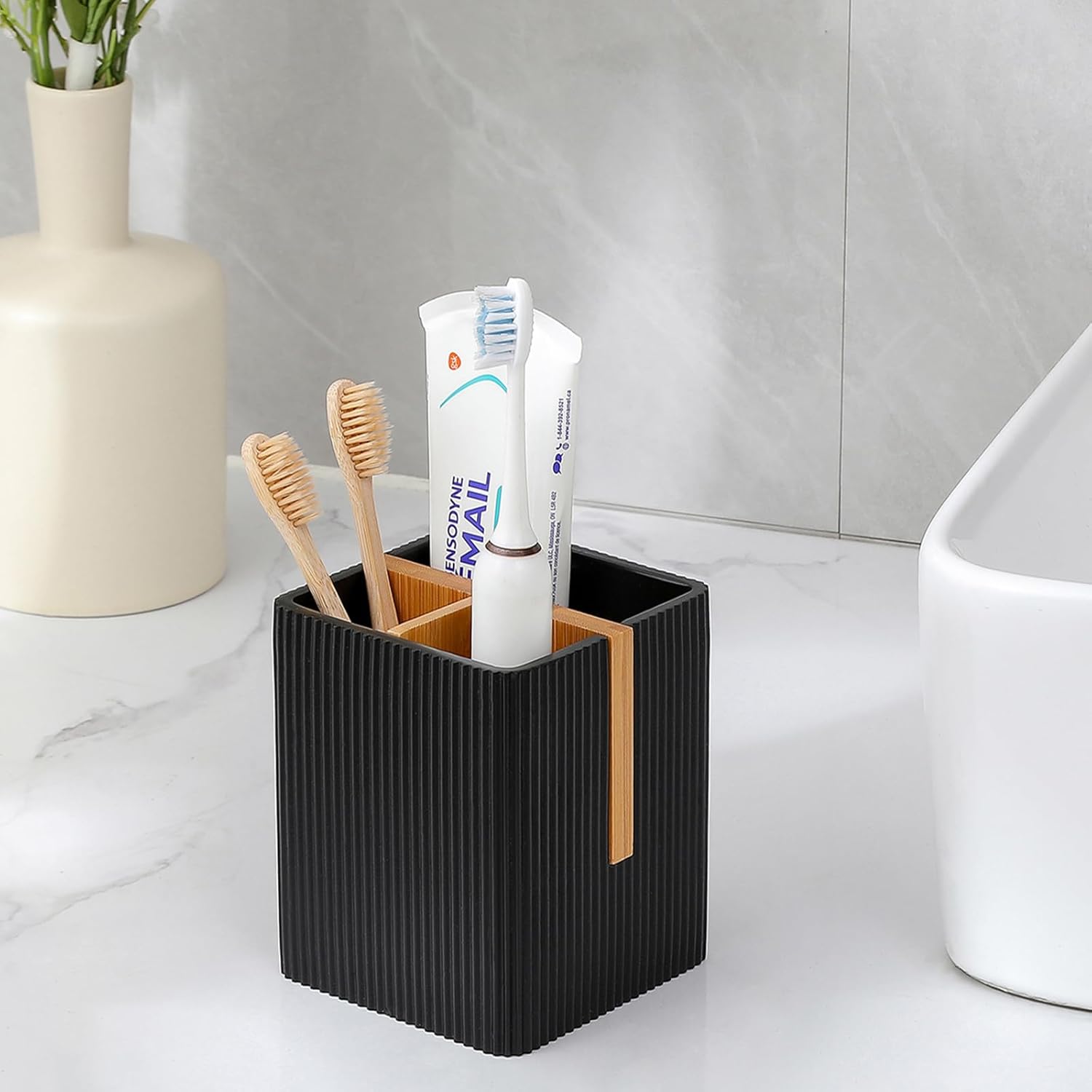 Rejomiik Toothbrush Holder with 3 Slots and Storage Black