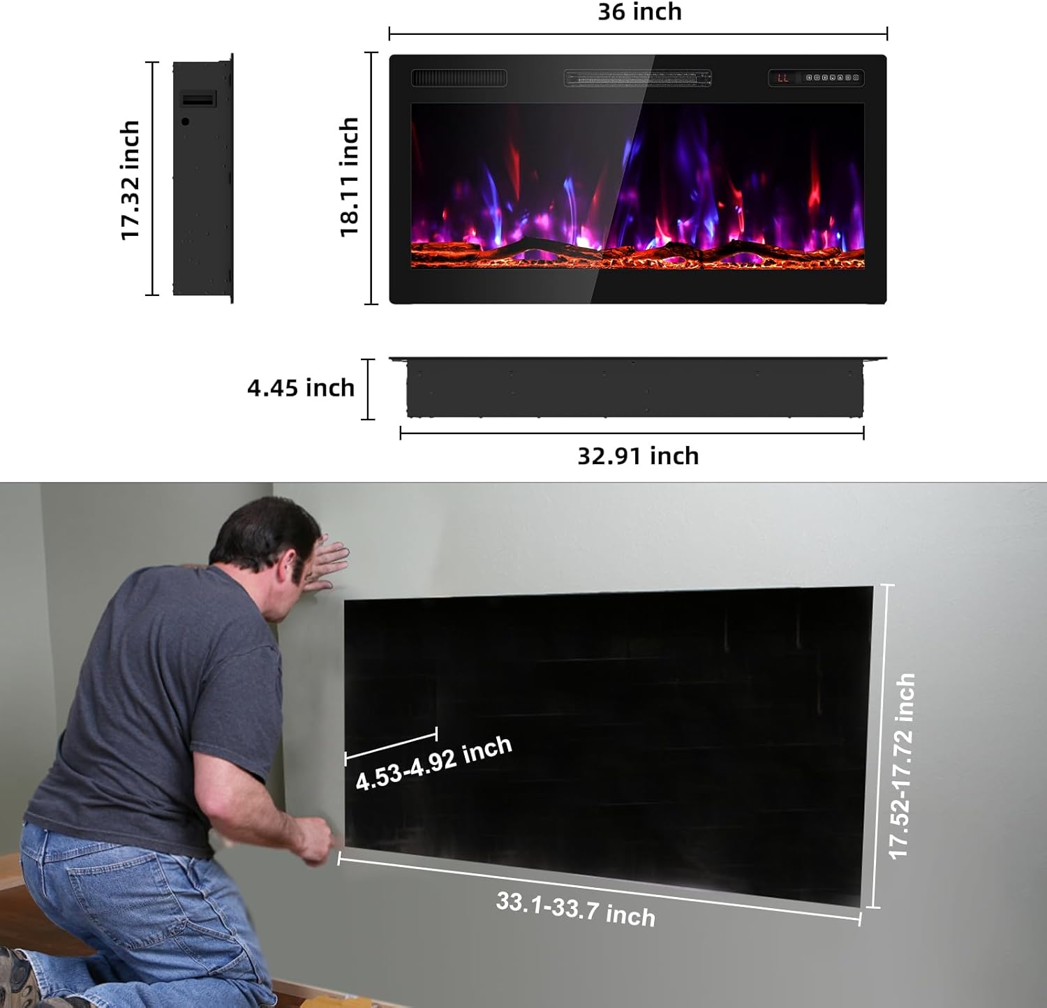BREEZEHEAT 36 Inch Electric Fireplace with Log