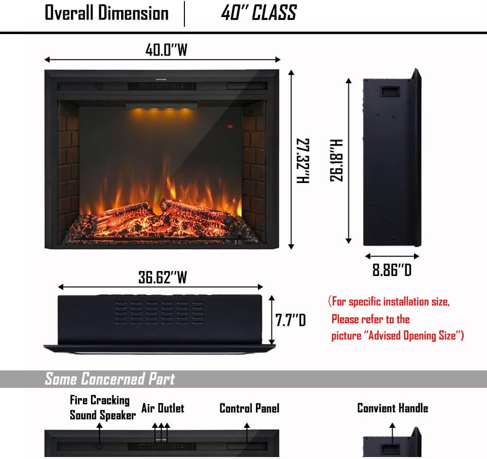 Masarflame 40 Inch Electric Fireplace Insert with Fire Sound and Remote Control