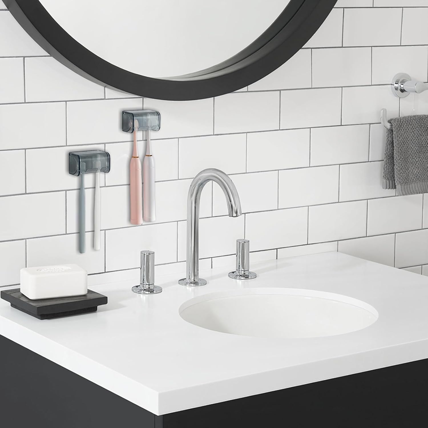2 Pc Wall Mounted Toothbrush Holder with Cover Clear