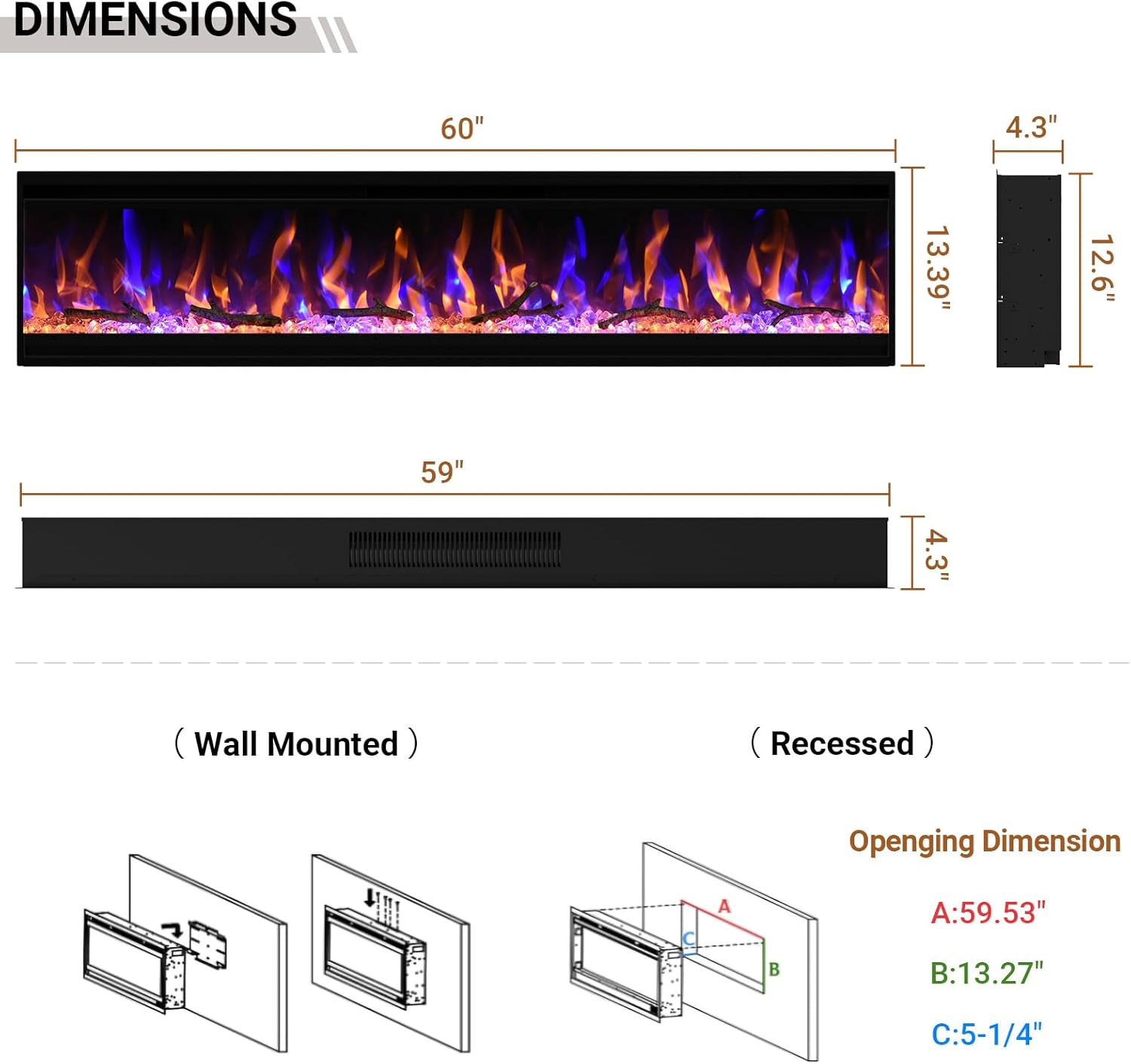 Feelcoo 60 Inch Ultra-Thin Electric Fireplace