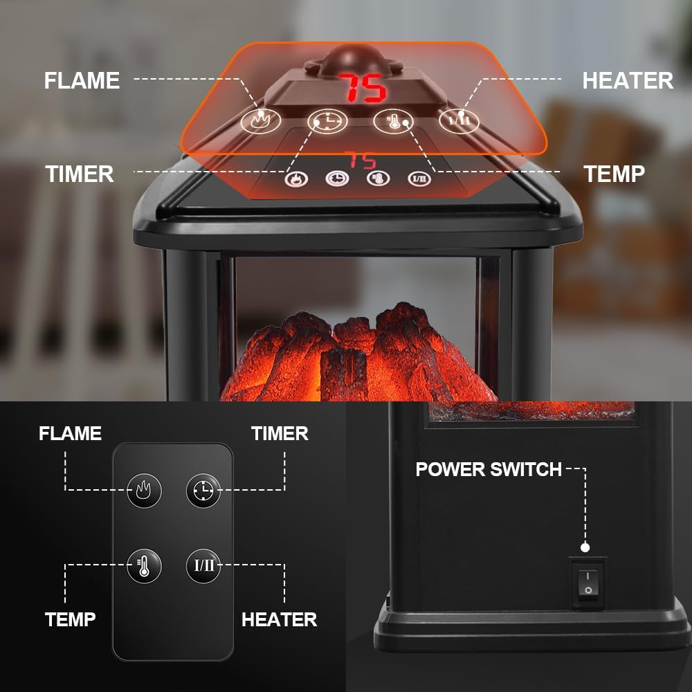 Portable 3-Sided Electric Fireplace Heater with Remote Control and Flame Effects
