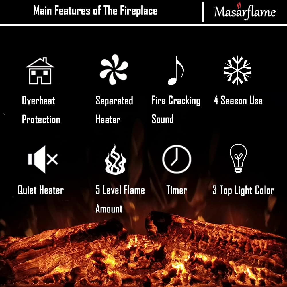 Masarflame 40 Inch Electric Fireplace Insert with Fire Sound and Remote Control
