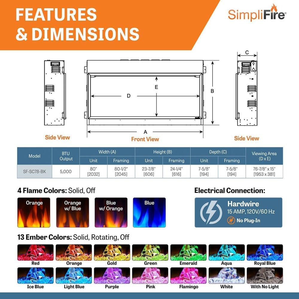 SimpliFire 78-Inch Electric Fireplace with LED Lights