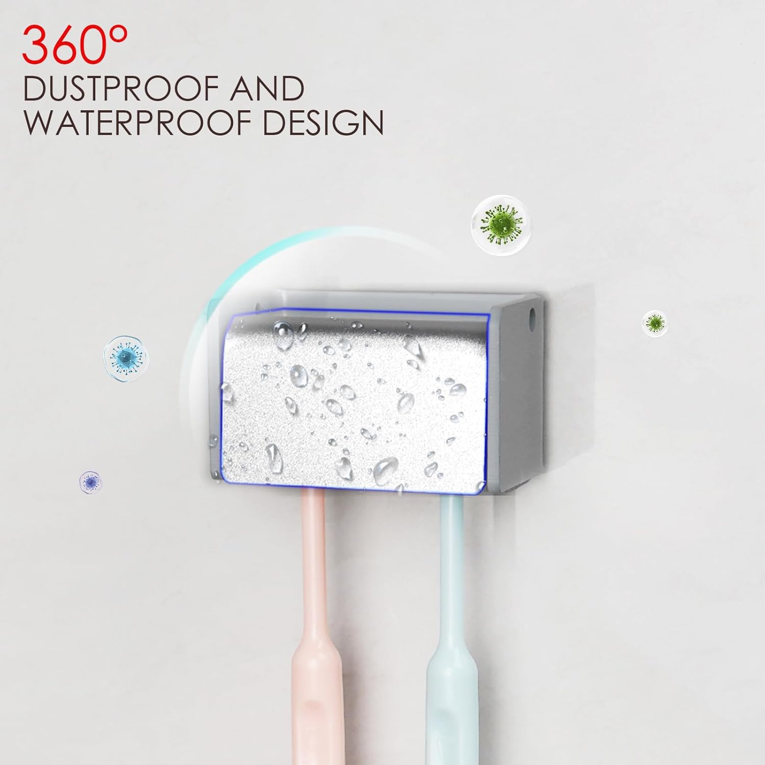 LUEXBOX Wall Mounted Toothbrush Holder with Cover 2 Slots Silver