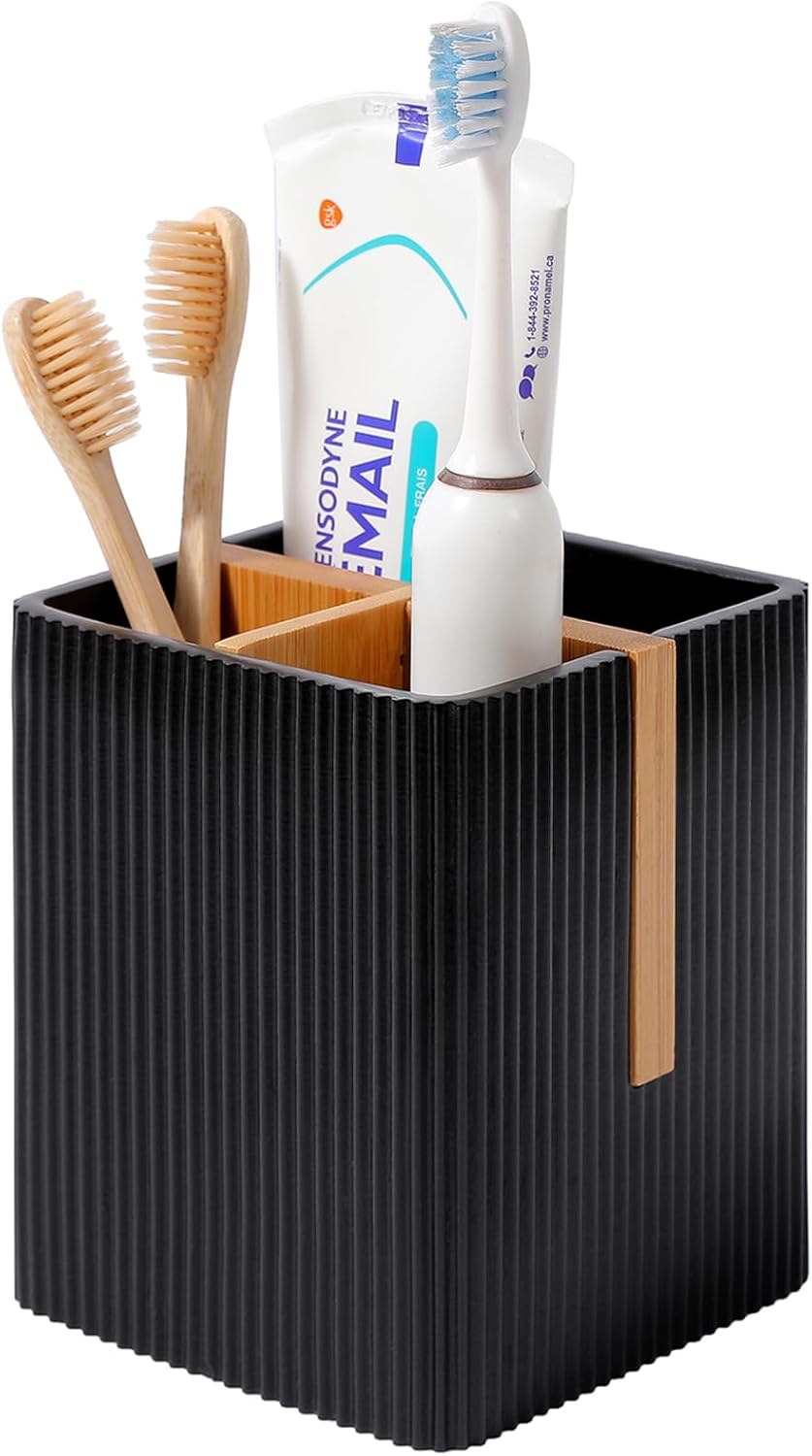 Rejomiik Toothbrush Holder with 3 Slots and Storage Black