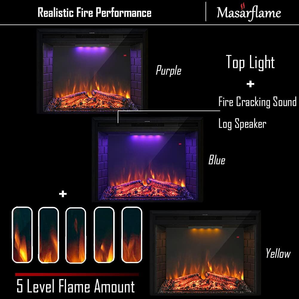 Masarflame 40 Inch Electric Fireplace Insert with Fire Sound and Remote Control