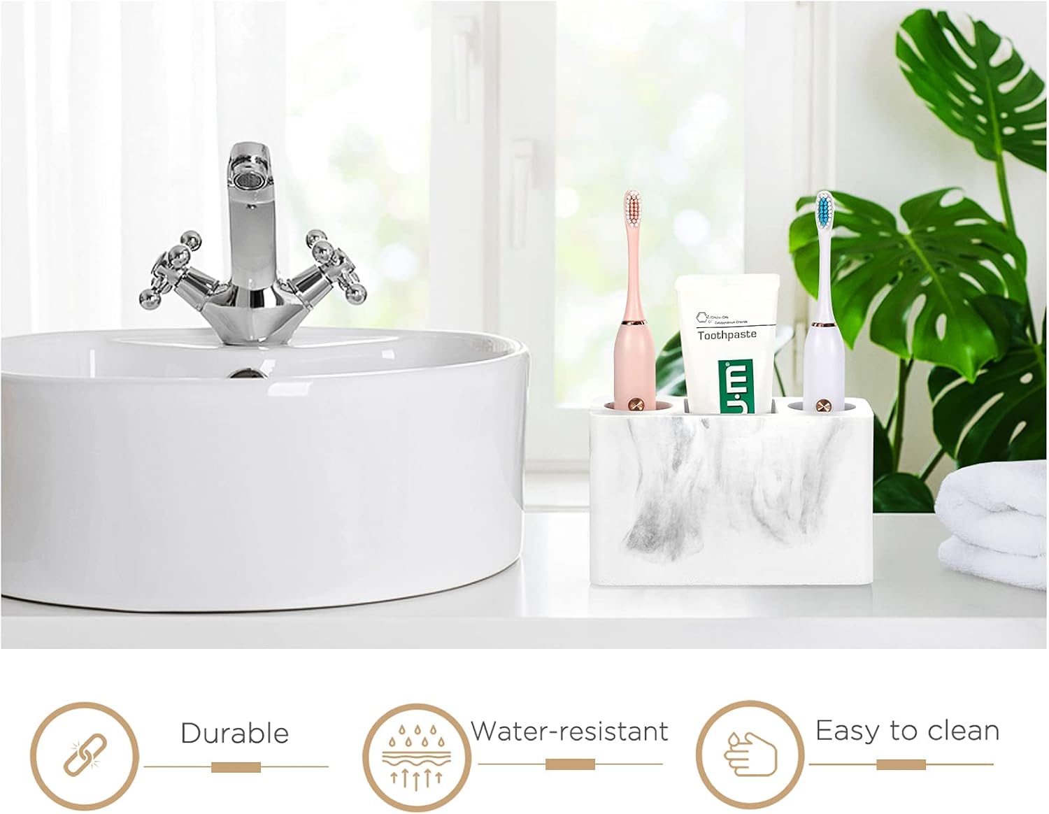 Luxspire Toothbrush Holder with Drain 3 Slots Gravel White