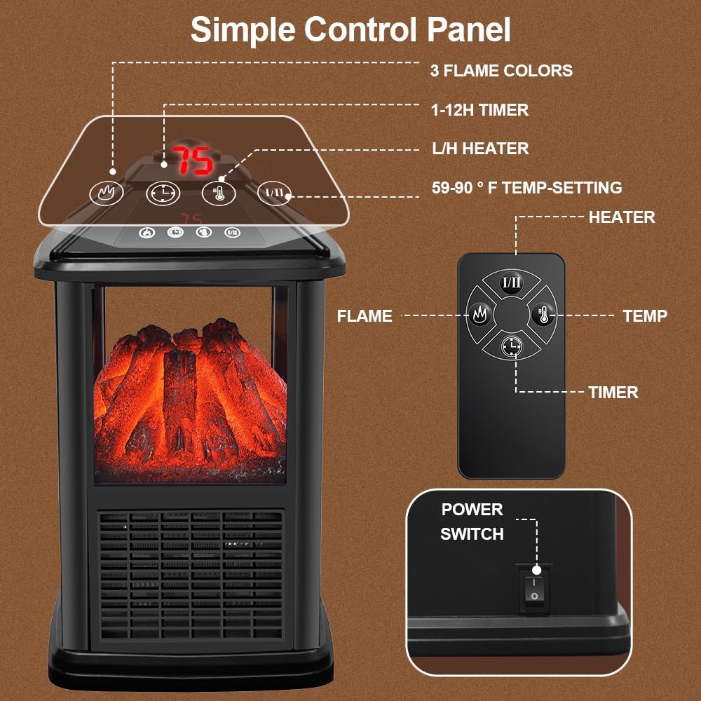 Portable 3-Sided Electric Fireplace Heater with Remote Control and Flame Effects