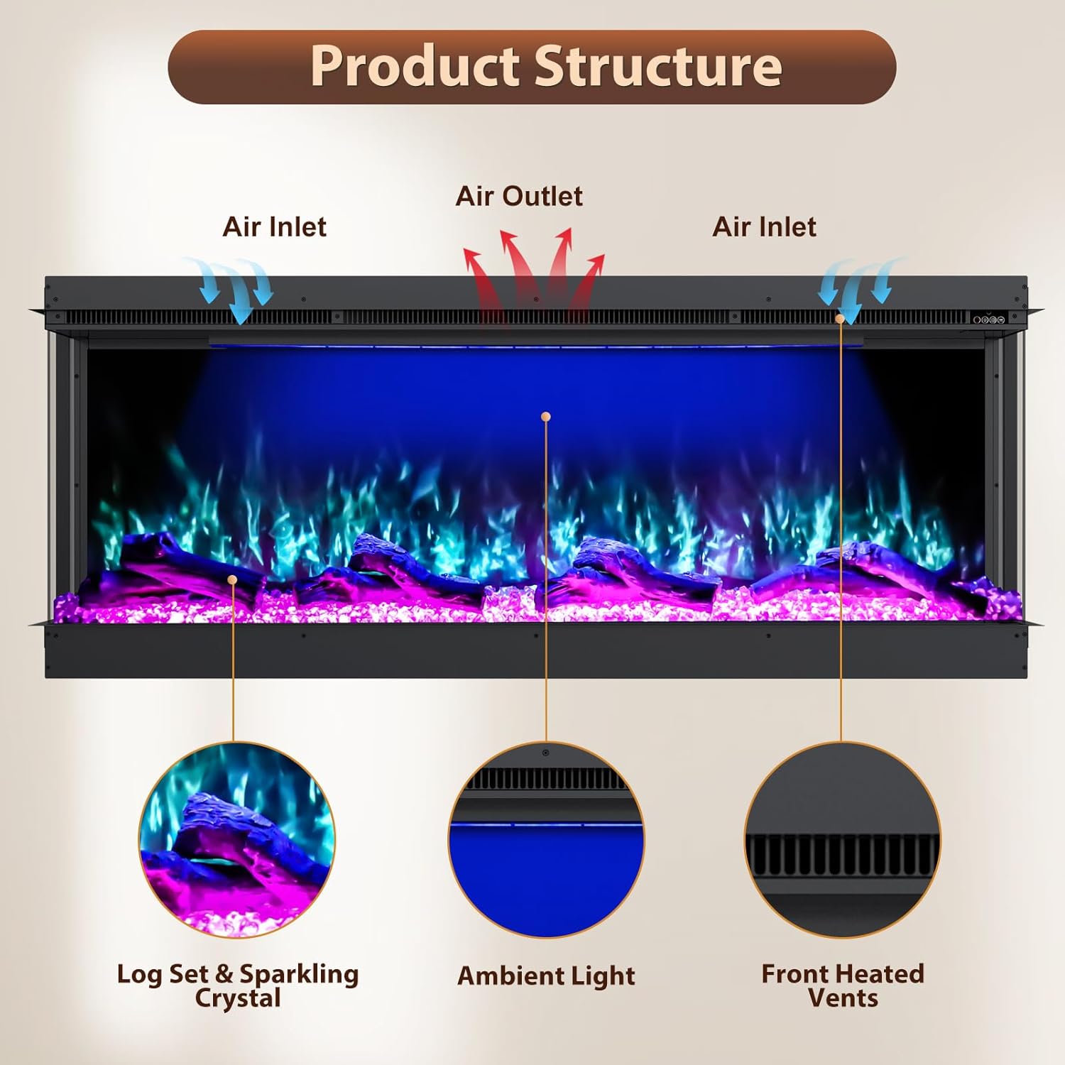 HIRESC 3-Sided Electric Fireplace with 251 RGB LED Flame