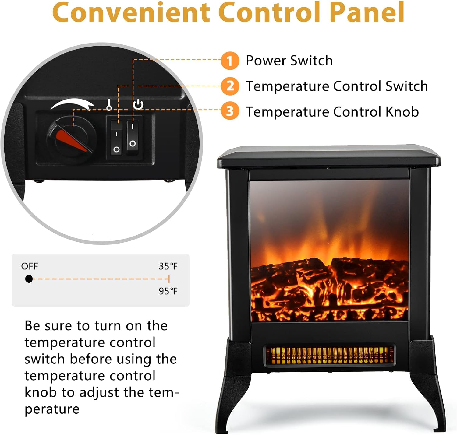 GOFLAME 1400W Electric Fireplace Heater with Realistic Flame and Adjustable Temperature