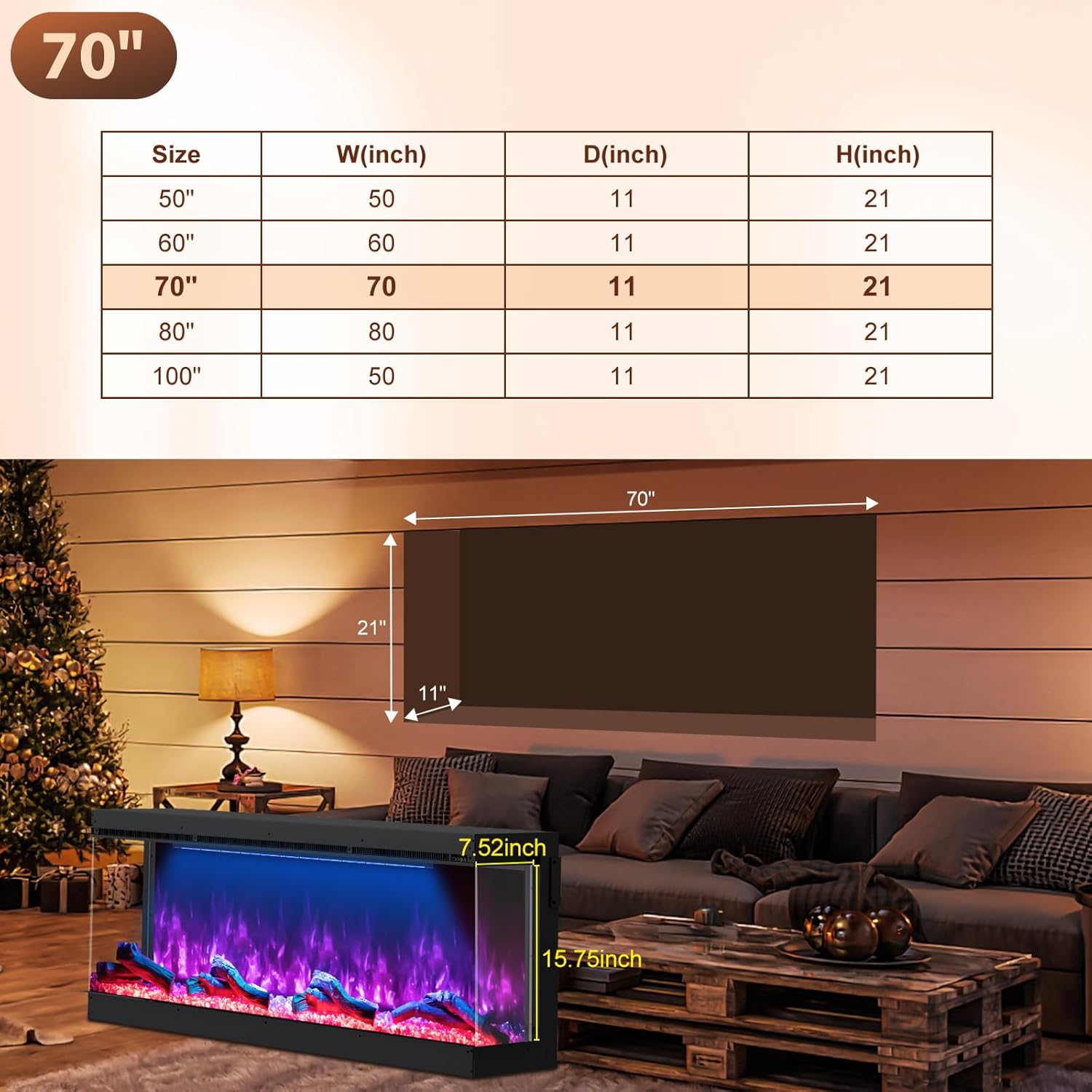 HIRESC 3-Sided Electric Fireplace with 251 RGB LED Flame