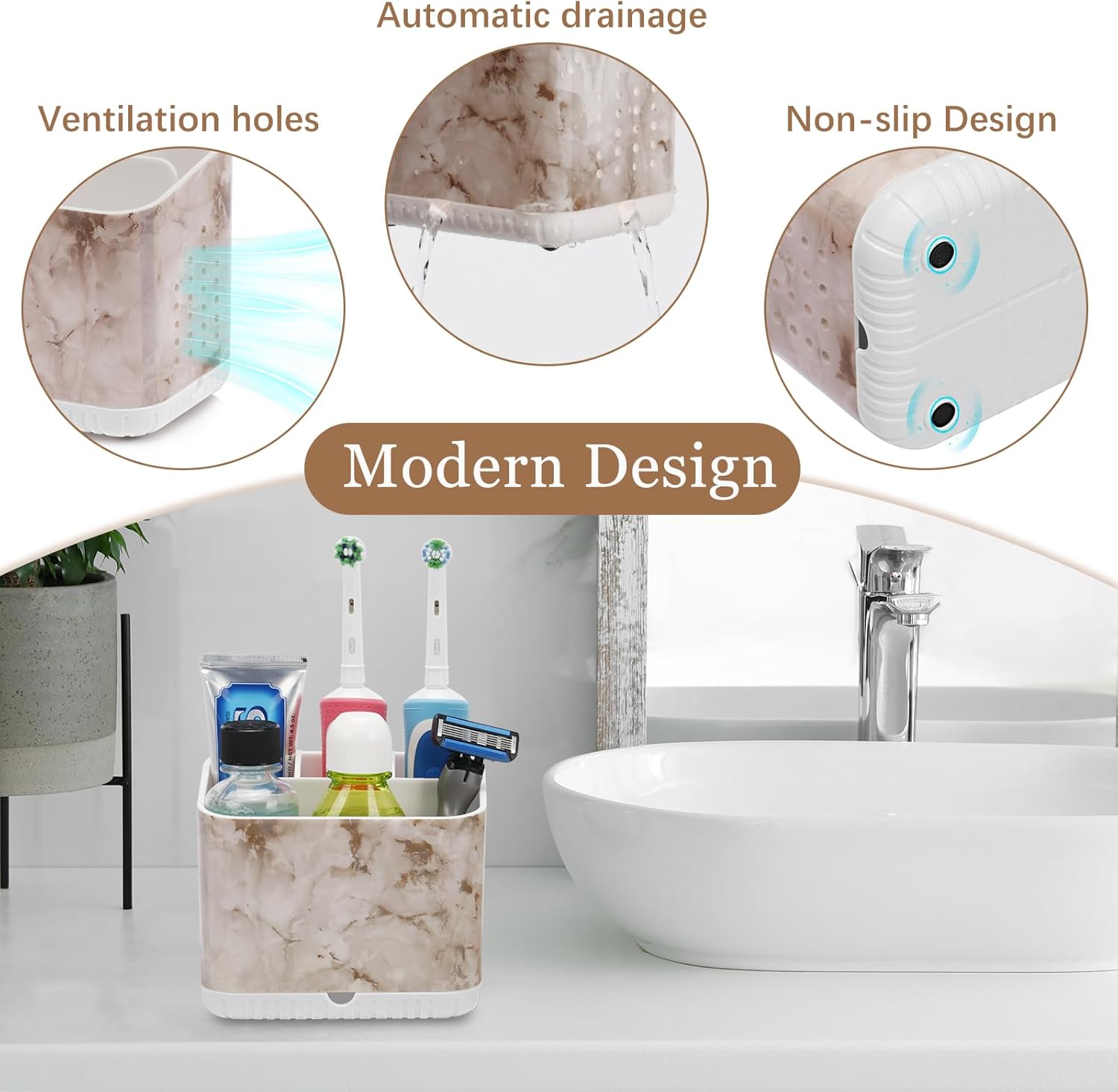 PARKMANI 4 Slots Toothbrush Holder with Drainage and Marble Design