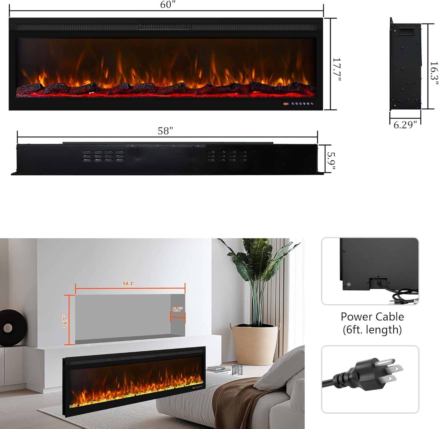 Oxhark Flame 60 Inch Smart Electric Fireplace with Remote Control and 1500W Heater