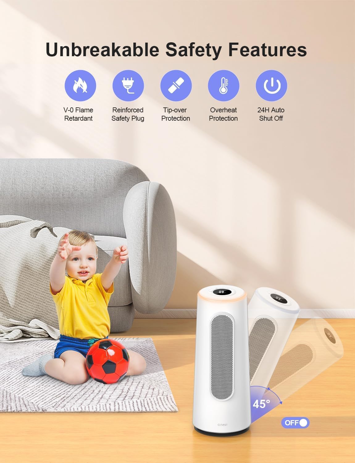 CLEVAST Smart Space Heater with RGB Night Light and Voice Control