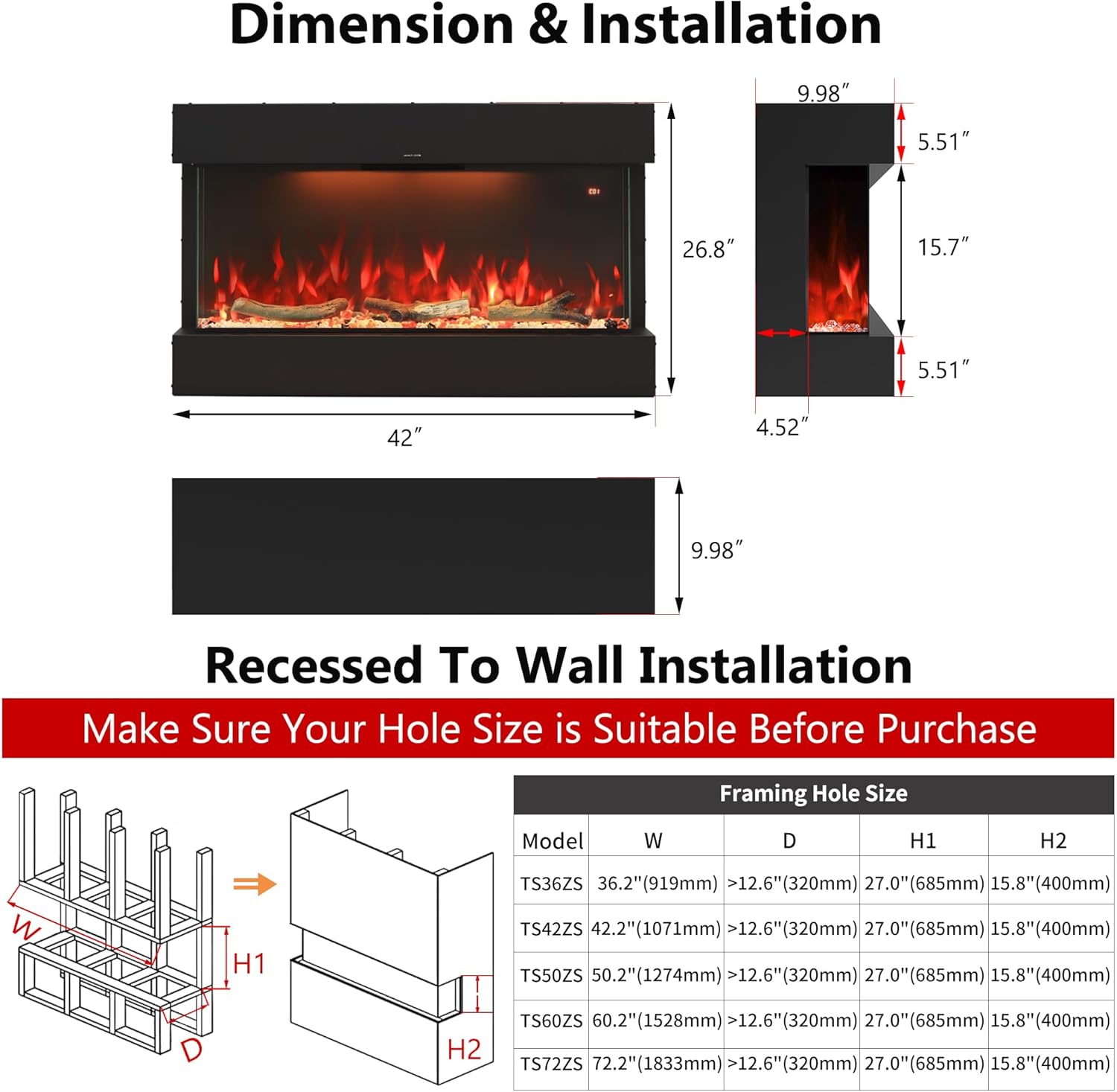 Masarflame 42 Electric Fireplace with WiFi Alexa Timer Thermostat