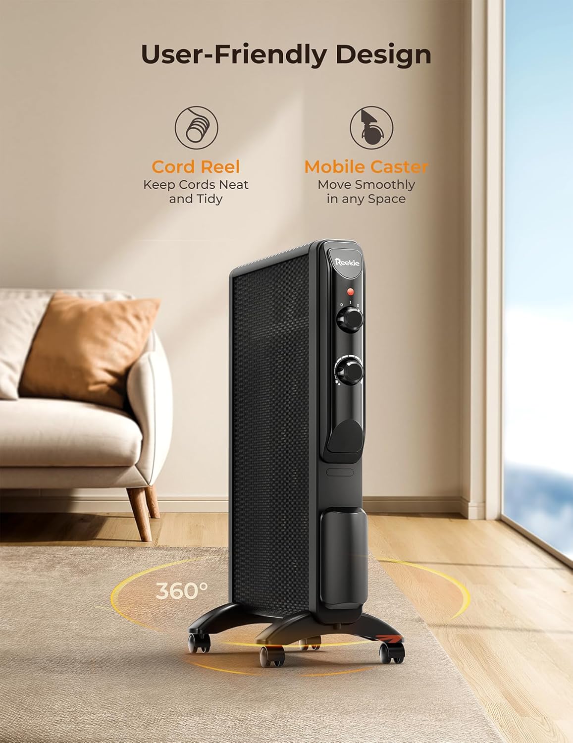 REEKIE 1500W Electric Space Heater with Thermostat and 2 Heat Settings