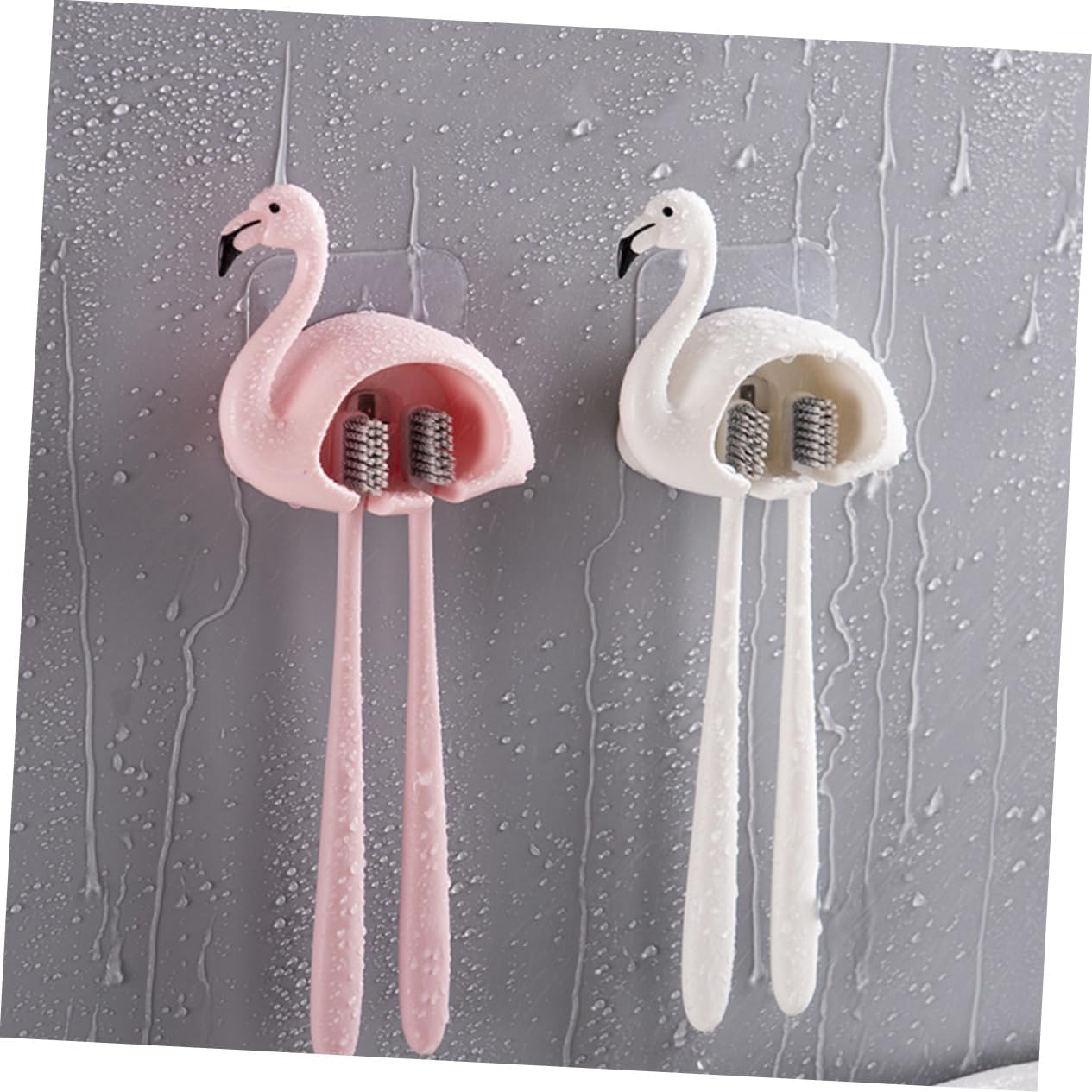 Chic Flamingo Toothbrush Holder 2pcs Wall Mount Adhesive Storage Rack 1